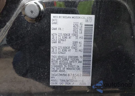 2017 Nissan Rogue Sl z USA, uszkodzony, nr VIN 5N1AT2MV9HC878562